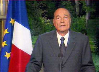 French President Jacques Chirac addresses the nation on TV after France voted against the ratification of the European constitution, May 29, 2005. Chirac said on Sunday French voters' rejection of the EU constitution made it hard for France to defend its interests in the EU, and said he would announce decisions on his government in coming days. (Reuters