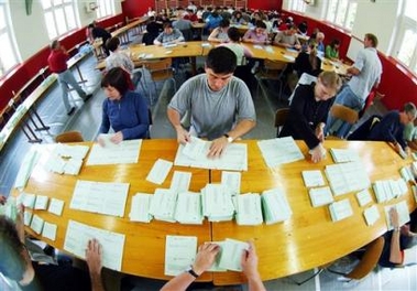 Polling officials count the ballots of the nationwide poll on more rights to same-sex couples and passport checks on the country's borders in a school in Buehl, near Zurich, Switzerland, Sunday, June 5, 2005.
