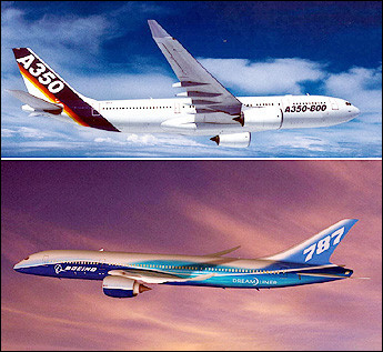 Combo of two computer generated images handed out by Airbus of an Airbus A350-800 (top) and by Boeing of the new Boeing 787 jet (below).(AFP