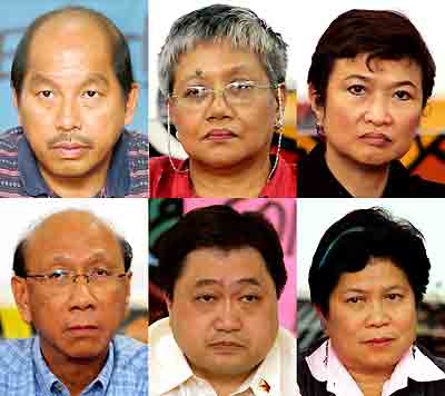 Combo photo shows six of the eight members of Philippine President Gloria Macapagal Arroyo's cabinet, who resigned a day earlier, answering questions during a news conference at Ateneo De Manila University in Manila July 9, 2005. The cabinet members asked for Arroyo's resignation, as she faced pressure over an election scandal. Seen clockwise from top left to right are, former education secretary Florencio Abad, former presidential advisor on the peace process Teresita Deles, former national anti-poverty commission secretary general Imelda Nicolas, former social welfare secretary Corazon Soliman, former finance secretary Cesar Purisima and former trade secretary Juan Santos. Former budget secretary Emilia Boncodin and former agrarian reform secretary Rene Villa, who also resigned, are not pictured. [Reuters]