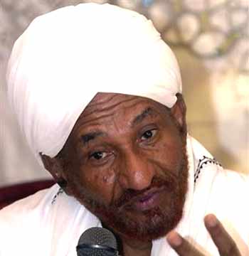 Sudanese former prime minister and chairman of the Umma Party, Imam Sadiq al-Mahdi holds a press conference in Khartoum, Sunday, July 10, 2005. 