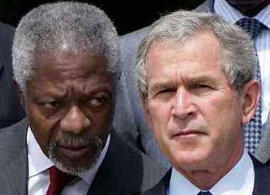 United Nations Secretary General Kofi Annan (L) speaks to U.S. President George W. Bush during a group photo session at the end of the G8 summit in Gleneagles, Scotland, July 8, 2005. Annan on July 12 urged nations 'to calm down' when debating enlargement of the U.N. Security Council, a contentious task he hoped would be resolved in time for a U.N. summit in September. Photo by Kevin Coombs/Reuters