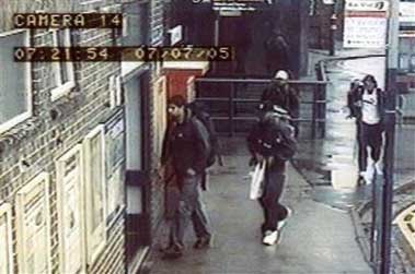 In this CCTV image made available in London Saturday July 16, 2005, by the Metropolitan Police, the four London bombers are seen arriving at Luton railway station at 0721 local time on Thursday July 7 , 2005. The image shows from left to right Hasib Hussain, Germaine Lindsay, dark cap, Mohammed Sidique Khan, light cap, and Shahzad Tanweer.(AP 