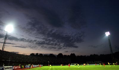 Liverpool (red) play FBK Kaunas in their Champions League soccer match at the S.Darius and S.Girenas Stadium in Kaunas, Lithuania, July 26, 2005. 