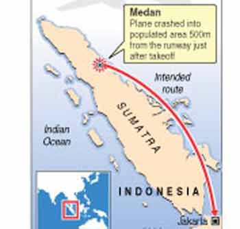 Map of Sumatra and Java locating Medan where an Boeing 737 airliner crashed on Monday