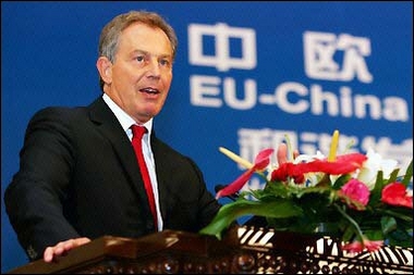 Britain's Prime Minister Tony Blair speaks at the EU-China summit at the Great Hall of the People in Beijing.