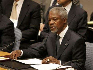 United Nations Secretary General Kofi Annan speaks during a Security Council meeting at the United Nations headquarters Wednesday, Sept. 14, 2005. 