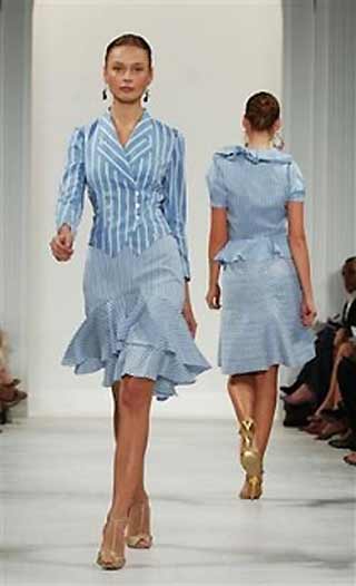 A model wears a pale French blue and white vintage broadcloth striped jacket and skirt at the presentation of the Ralph Lauren spring 2006 collection Friday, Sept. 16, 2005, on the last day of Fashion Week in New York. [AP]
