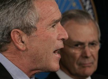 President Bush makes a statement at the Pentagon on the war on terror, Thursday, Sept. 22, 2005, after attending a briefing there. 