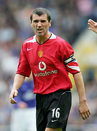 Manchester United's Roy Keane shouts during their English Premier League soccer match against Everton at Goodison Park, Liverpool, England, August 13 2005. 