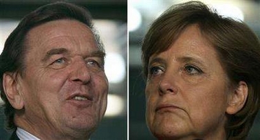 A combination of two pictures shows Angela Merkel (R), leader of Germany's conservative Christian Democratic Union (CDU) and German Chancellor Gerhard Schroeder as they address the media following the third round of talks in Berlin October 5, 2005. 