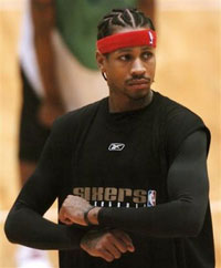 The Philadelphia 76ers' Allen Iverson practices boxing-out during the fourth day of training camp at Cameron Indoor Stadium at Duke University on Friday, Oct. 7, 2005. [AP] 