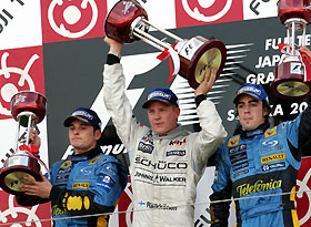 McLaren's Formula One driver Kimi Raikkonen of Finland raises his trophy on the victory podium after winning the Japanese Grand Prix at the Suzuka Circuit in central Japan October 9, 2005. At left is Renault's Giancarlo Fisichella, who finished second, and at right is his Renault team mate Fernando Alonso of Spain in third place. 