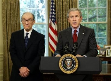 President Bush expresses his appreciation to retiring Federal Reserve Board Chairman Alan Greenspan, left, during an announcement in the Oval Office at the White House in Washington, Monday, Oct. 24, 2005.