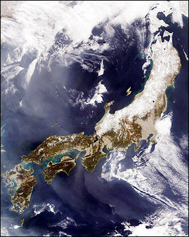 NASA Aqua satellite image shows snow on the mountains of central Japan's Honshu Island in 2004.