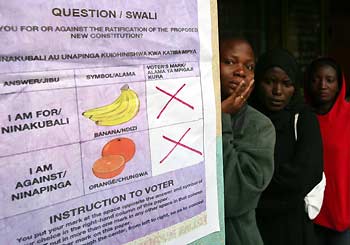 Kenyan women line up at a polling station behind a poster showing voting instructions in Kibera, Nairobi's largest slum November 21, 2005.