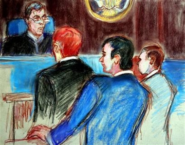 A courtroom sketch shows Jack Abramoff, center, standing before U.S. District Judge Paul C. Huck, far left, at the federal justice building in Miami where he plead quilty to two of six counts of wire fraud and mail fraud stemming from the 2000 purchase of SunCruz Casinos Wednesday, Jan. 4, 2006.
