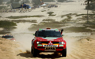 alphand and Picard of France race across dunes during final stage of Dakar Rally at Lac Rose