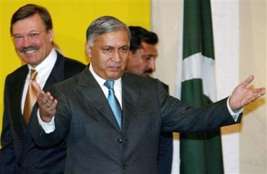 Pakistani Prime Minister Shaukat Aziz, center, gestures during a press conference in Islamabad, Pakistan on Monday, Jan. 16, 2006.