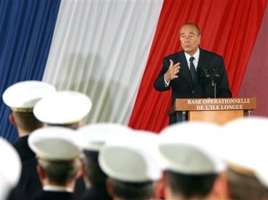 French President Jacques Chirac delivers his speech after visiting the French nuclear submarine the Vigilant in l'Ile Longue, Western France, Thursday Jan. 19, 2006. 