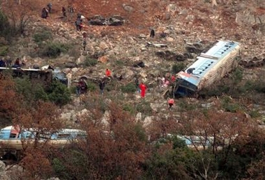 Recsuers search for injured passengers in the carriages of a derailed train, in Bioce, just outside the Montenegrin capital Podgorica, Monday, Jan. 23, 2006.