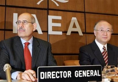 International Atomic Energy Agency (IAEA) Director-General Mohamed ElBaradei (L) and the chairman of the board of governors, Yukiya Amano, sit at the beginning of a board of governors meeting in the U.N. nuclear watchdog's Vienna headquarters February 4, 2006. 