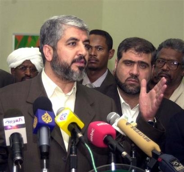 Hamas leader Khaled Mashaal speaks to the reporters on his arrival in Khartoum, Sunday, Feb. 12, 2006. 