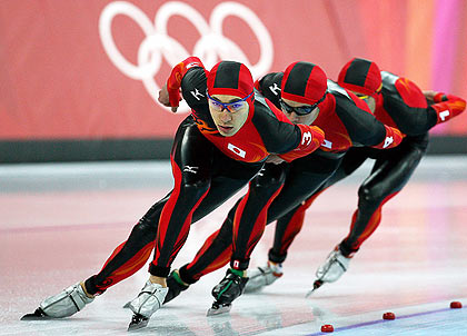 Japan's team competes in the men's speed skating team pursuit race at the Torino 2006 Winter Olympic Games at Oval Lingotto in Turin, Italy February 15, 2006.