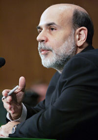 Federal Reserve Chairman Ben Bernanke testifies to the Senate Banking Committee on Capitol Hill in Washington February 16, 2006. Bernanke repeated an upbeat assessment of the U.S. economy's health and warned again about inflation risks in a second day of testimony on Capitol Hill. 