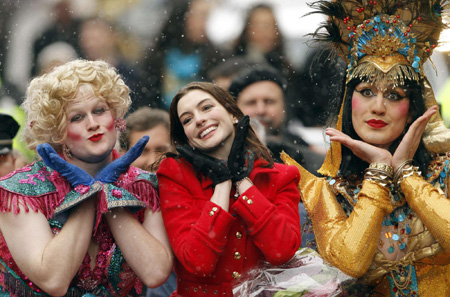 Anne Hathaway is all smiles during the Hasty Pudding Woman of the Year Parade