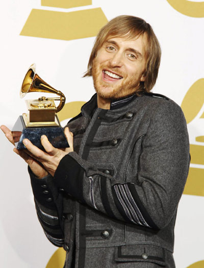 David Guetta holds his Grammy award for best remixed recording at 52nd annual Grammy Awards