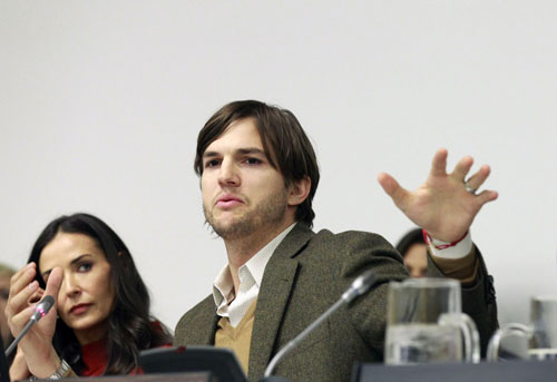 Moore and Kutcher at launch of UN Voluntary Trust Fund for Victims of Trafficking in Persons