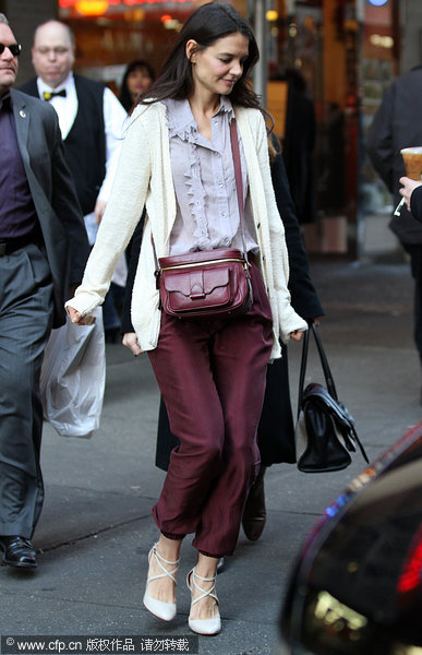 Katie Holmes out in New York City carrying a Prada Galleria