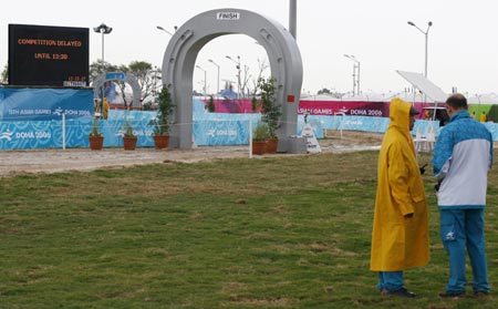 An electronic board announces a delay in equestrian events at the Doha Racing and Equestrian club during the 15th Asian Games in Doha December 7, 2006, after South Korean eventer Kim Hyung-chil died following an equestrian accident on Thursday. Kim's horse Bundaberg Black rolled over him after a heavy fall in wet conditions during the individual cross country event.[Reuters]