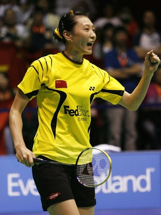 China's Zhang Ning celebrates victory in her singles badminton match against Indonesia's Adryanti Firdasari, which won the team the competition title for China at the final of the Sudirman Cup World Team Badminton Championships in Glasgow, Scotland June 17, 2007. 