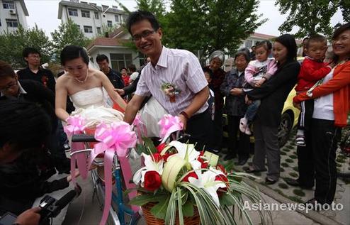 Bikes as wedding transportation for couple