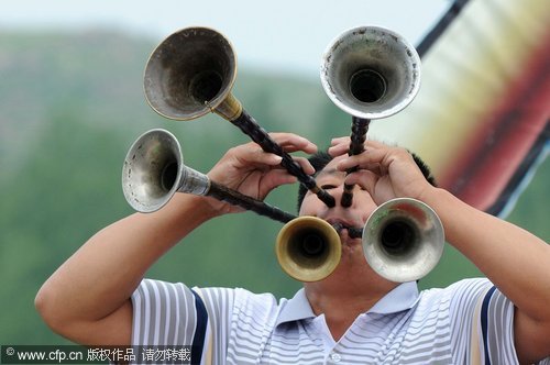 Farmer displays stunt with horns