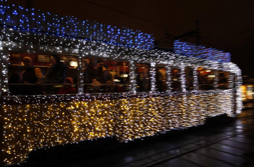 Christmas lights decorate Budapest trams