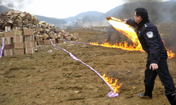 Seized adulterated wines burnt in SW China