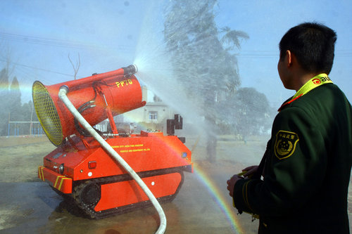 The firefighting robot goes into action