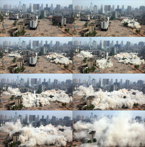 Old buildings demolished by directional blasting