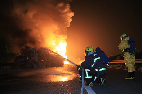 Chemical leak causes fire on highway