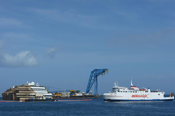 Shipwrecked Concordia lift upright