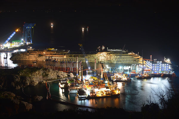 Shipwrecked Concordia lift upright