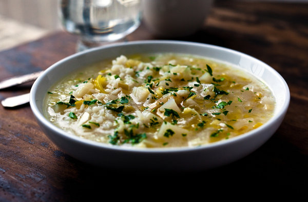 Leek, turnip and rice soup