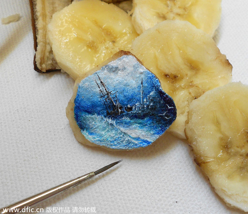 Tiny landscapes painted on food