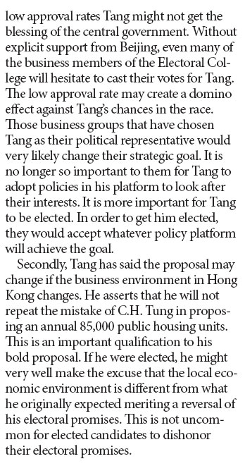 Tang's election campaign platform underscores populism