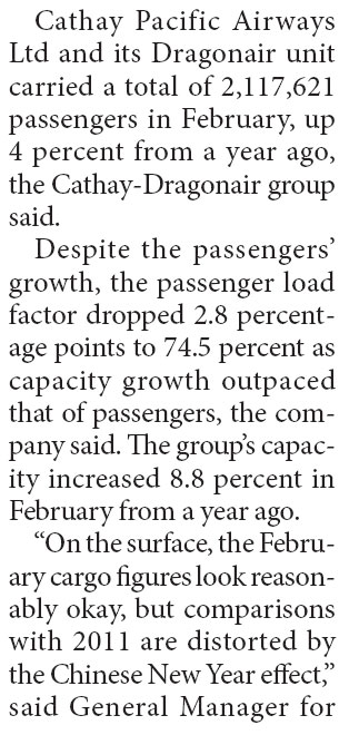 Cathay posts 4% passenger growth in Feb