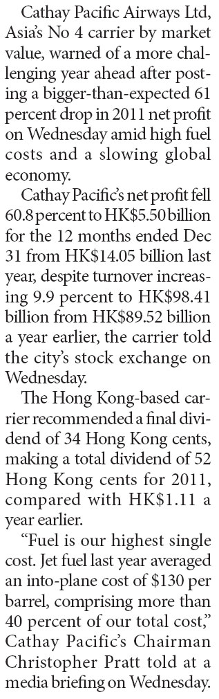 Cathay Pacifi c posts 61% net profit plunge in 2011