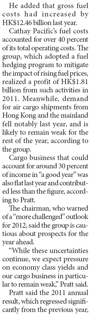 Cathay Pacifi c posts 61% net profit plunge in 2011